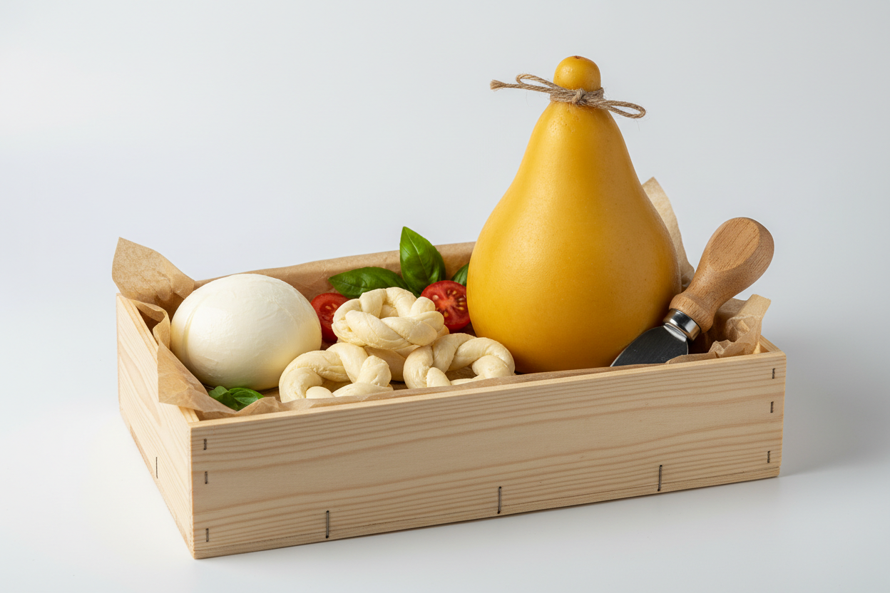 box degustazione di mozzarella, ciambelline di mozzarella di bufala e un caciocavallo